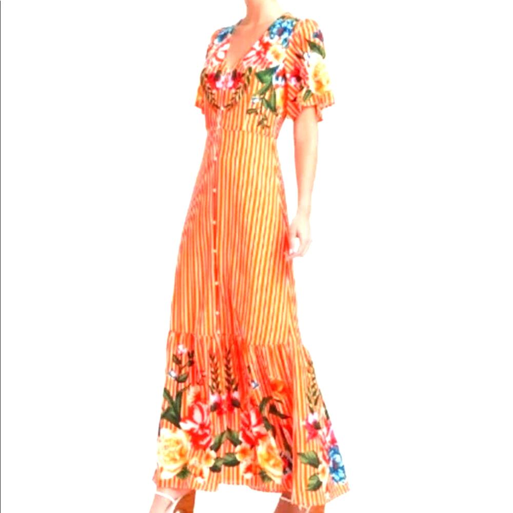 NEW LULUS ROAM THE RIVIERA ORANGE MULTI STRIPED MAXI DRESS WOMENS SIZE SMALL